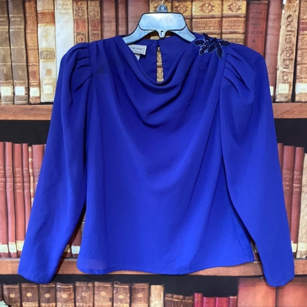 Vintage Rag O Muffins Beaded Puff Sleeve Draped Blouse Indigo 4
